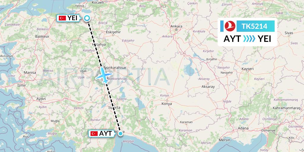 TK5214 Turkish Airlines Flight Map: Antalya to Bursa