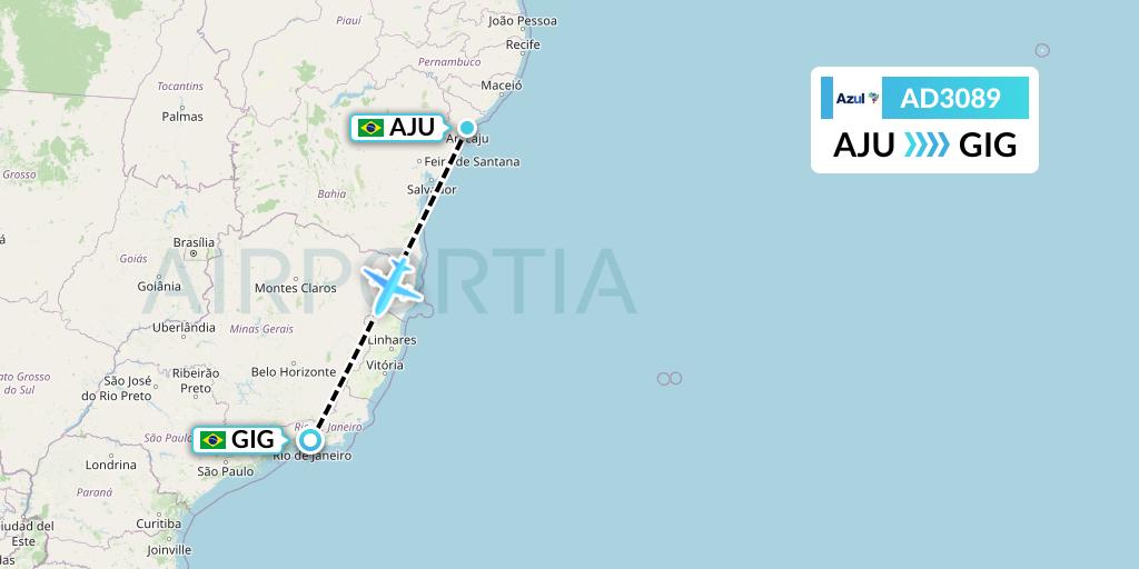 AD3089 Azul Brazilian Airlines Flight Map: Aracaju to Rio de Janeiro
