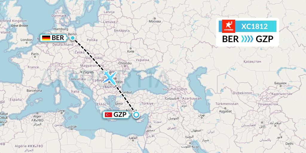 XC1812 Corendon Airlines Flight Map: Berlin to Gazipasa