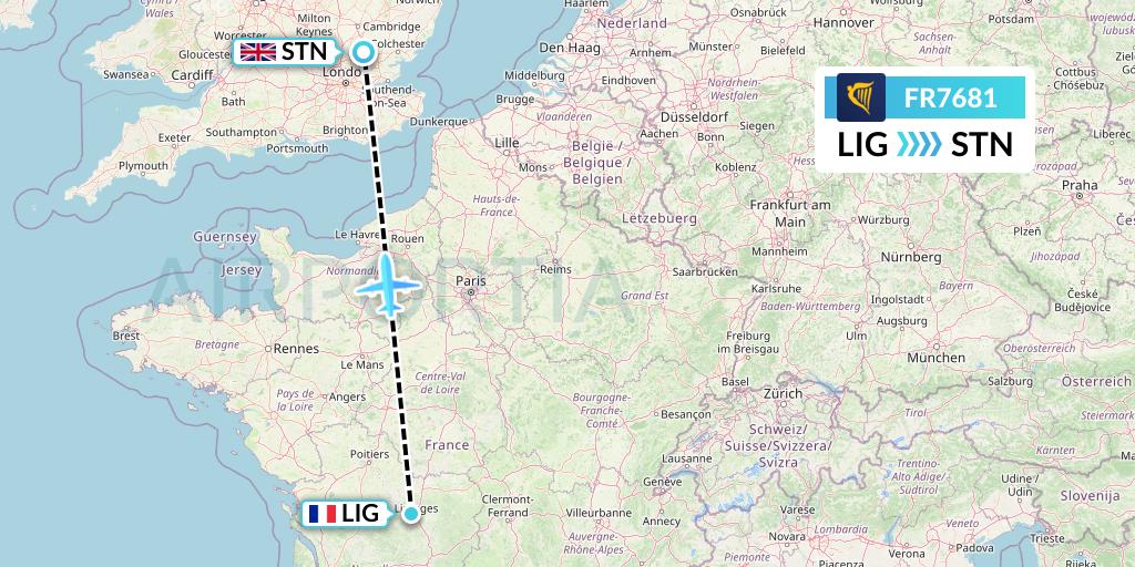 FR7681 Ryanair Flight Map: Limoges to London