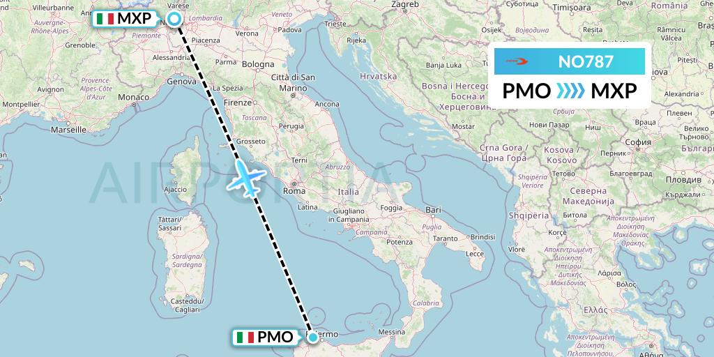 NO787 Neos Flight Map: Palermo to Milan