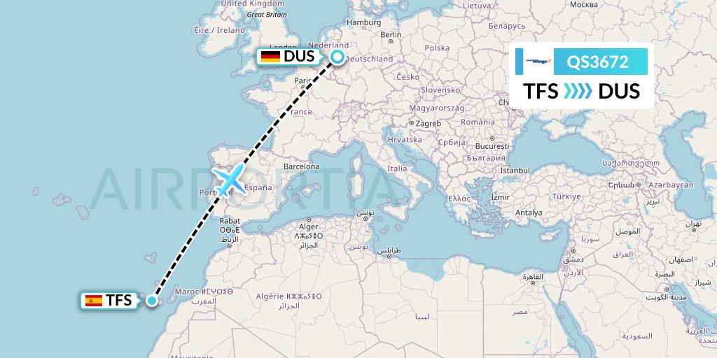 QS3672 Smartwings Flight Map: Tenerife to Dusseldorf