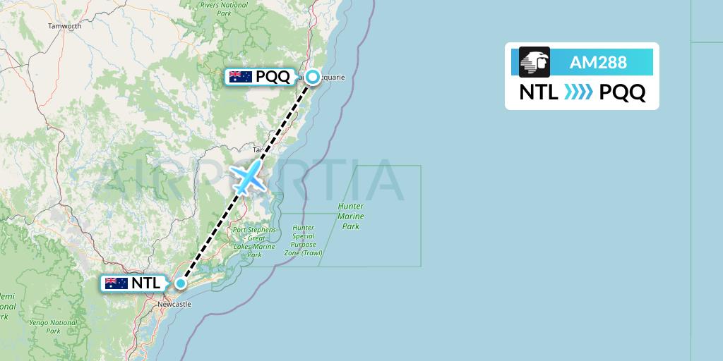 AM288 Aeromexico Flight Map: Newcastle to Port Macquarie