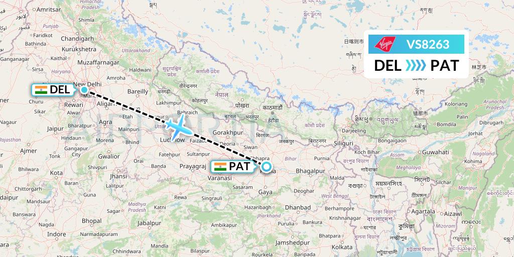 VS8263 Virgin Atlantic Airways Flight Map: Delhi to Patna