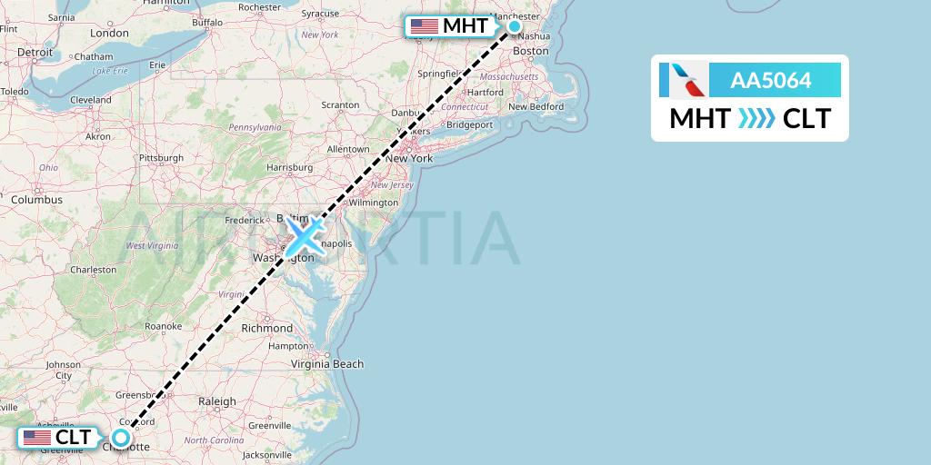 AA5064 American Airlines Flight Map: Manchester to Charlotte
