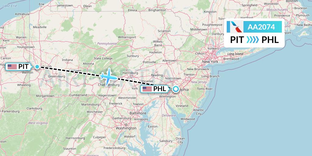 AA2074 American Airlines Flight Map: Pittsburgh to Philadelphia
