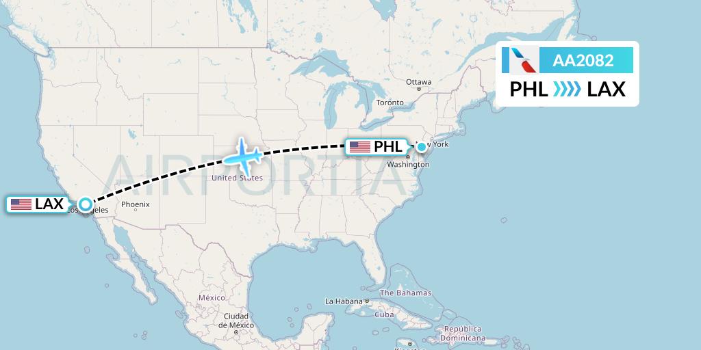 AA2082 American Airlines Flight Map: Philadelphia to Los Angeles