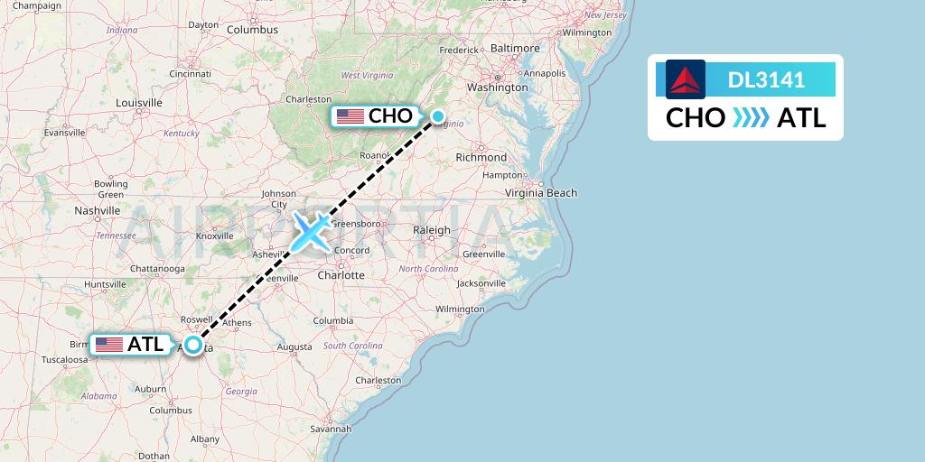 DL3141 Delta Air Lines Flight Map: Charlottesville to Atlanta