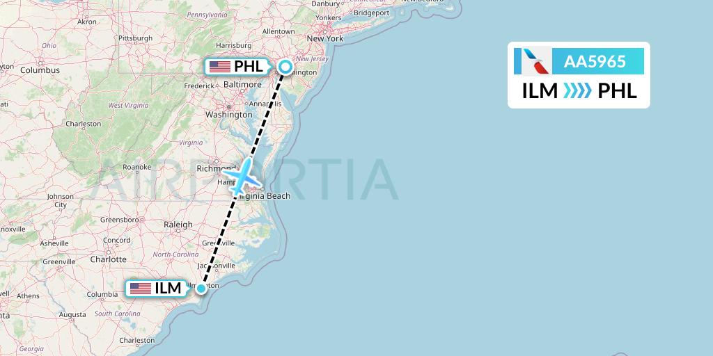 AA5965 American Airlines Flight Map: Wilmington to Philadelphia