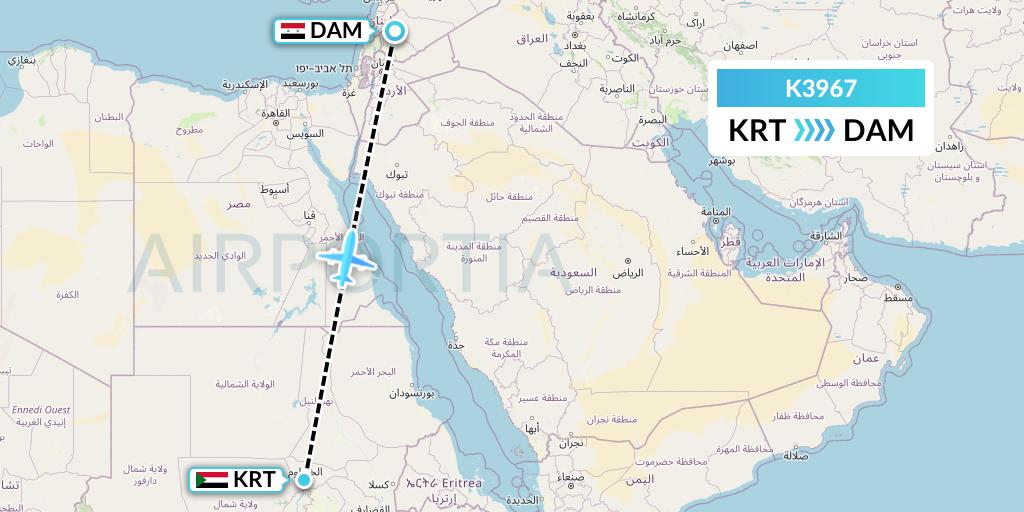 K3967 Taquan Air Flight Map: Khartoum to Damascus