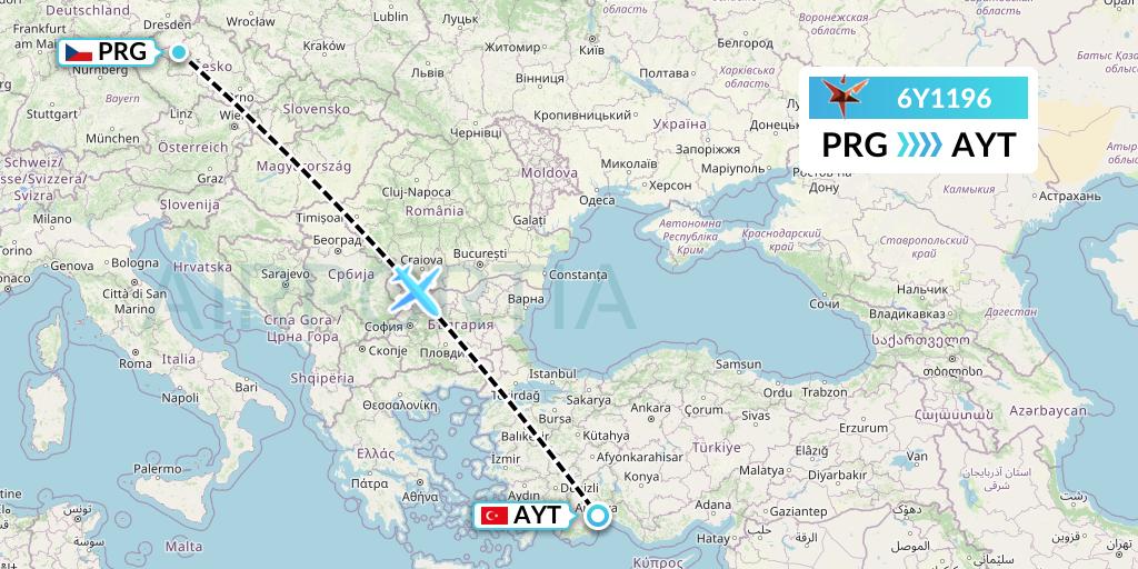 6Y1196 SmartLynx Flight Map: Prague to Antalya