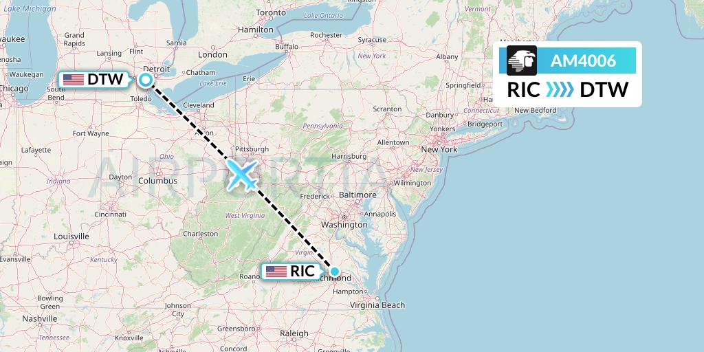 AM4006 Aeromexico Flight Map: Richmond to Detroit