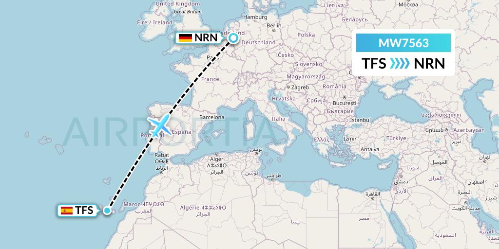 MW7563 Mokulele Flight Service Flight Map: Tenerife to Weeze