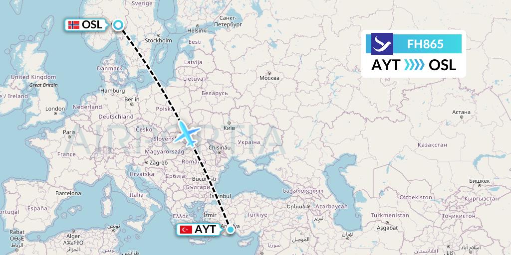 FH865 Freebird Airlines Flight Map: Antalya to Oslo