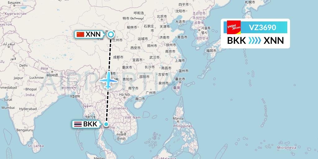 VZ3690 Thai Vietjet Air Flight Map: Bangkok to Xining