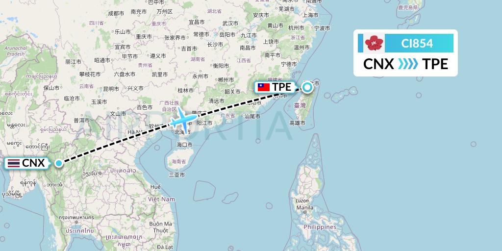 CI854 China Airlines Flight Map: Chiang Mai to Taipei