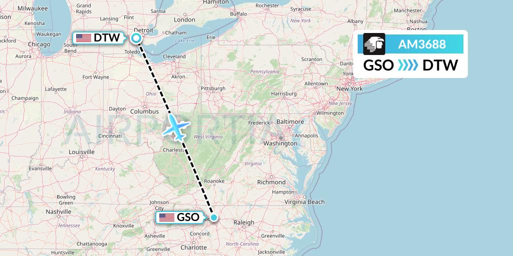AM3688 Aeromexico Flight Map: Greensboro to Detroit