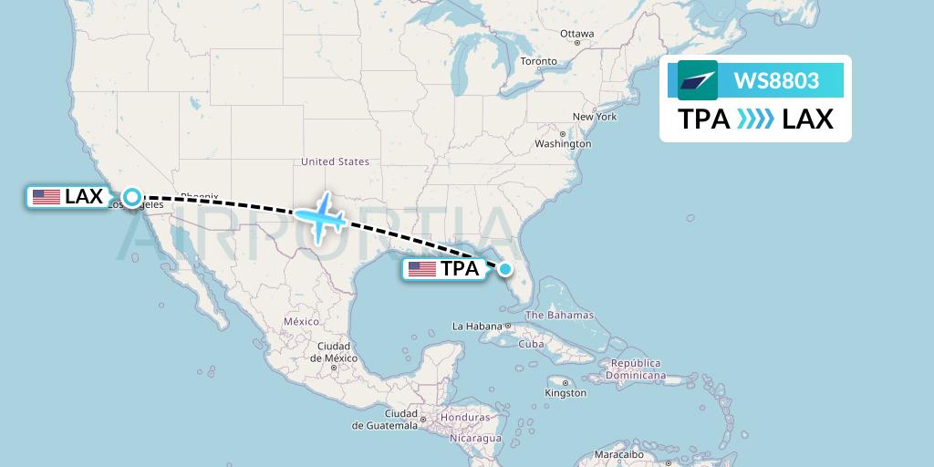WS8803 WestJet Flight Map: Tampa to Los Angeles