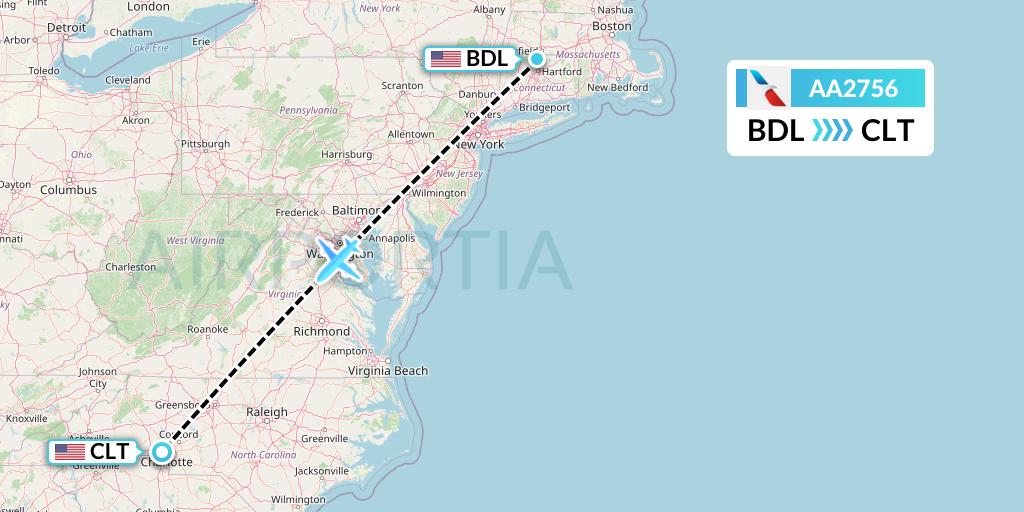 AA2756 American Airlines Flight Map: Windsor Locks to Charlotte