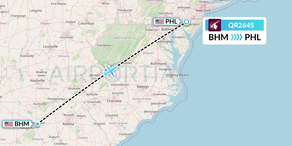 QR2645 Qatar Airways Flight Map: Birmingham to Philadelphia