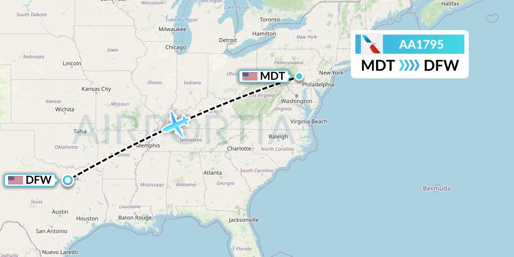 AA1795 American Airlines Flight Map: Harrisburg to Dallas