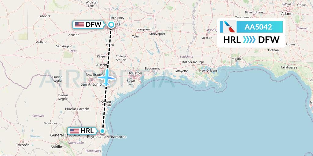 AA5042 American Airlines Flight Map: Harlingen to Dallas