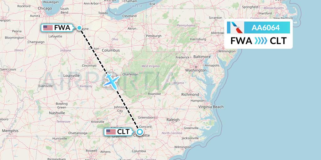 AA6064 American Airlines Flight Map: Fort Wayne to Charlotte