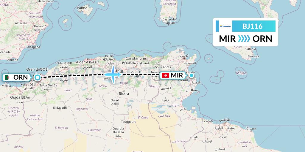 BJ116 Nouvelair Tunisie Flight Map: Monastir to Oran