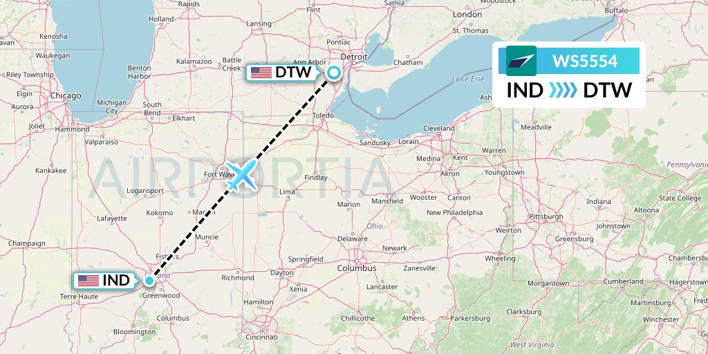 WS5554 WestJet Flight Map: Indianapolis to Detroit