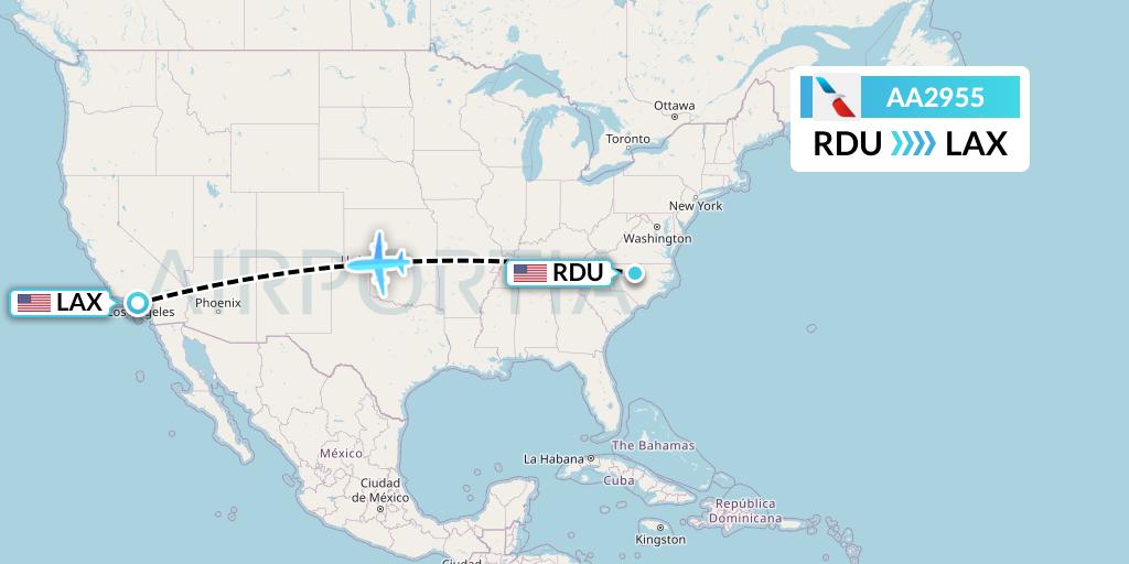 AA2955 American Airlines Flight Map: Raleigh-Durham to Los Angeles