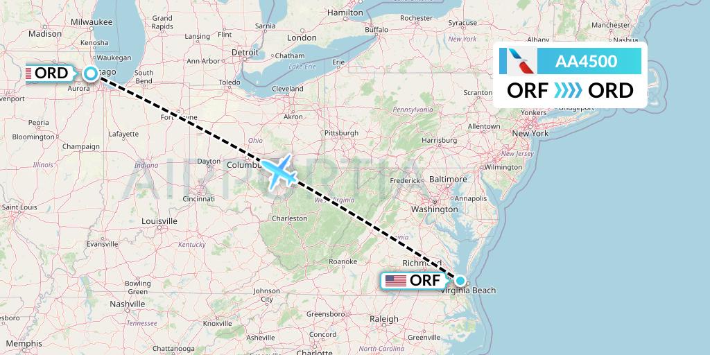 AA4500 American Airlines Flight Map: Norfolk to Chicago