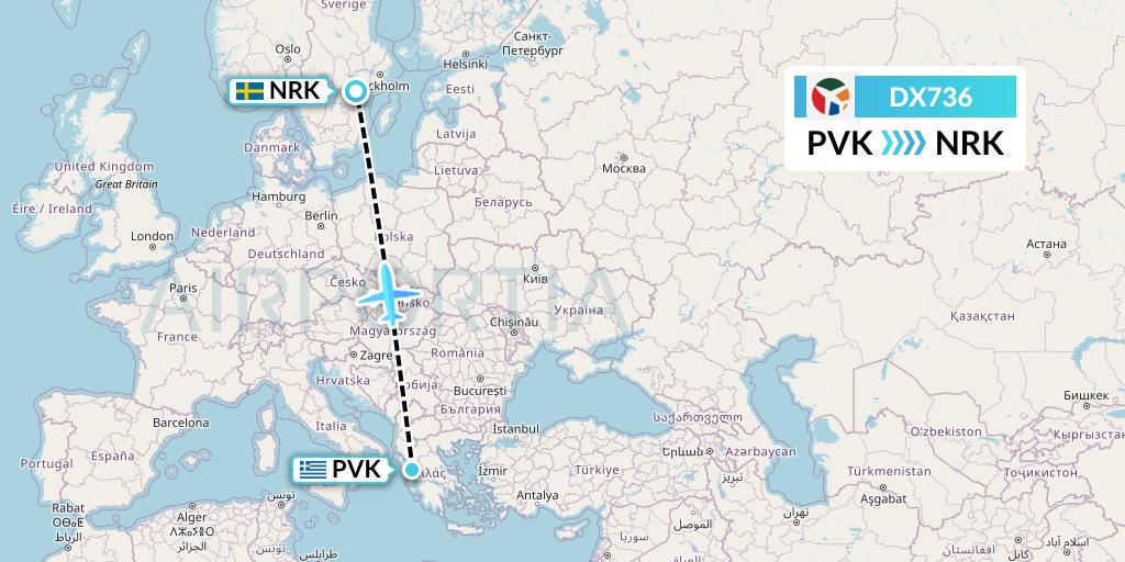 DX736 Danish Air Transport Flight Map: Preveza to Norrkoping