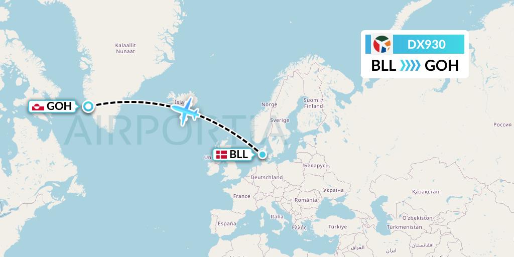 DX930 Danish Air Transport Flight Map: Billund to Nuuk