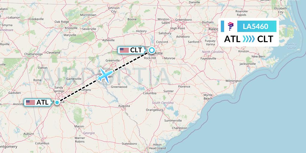 LA5460 LAN Airlines Flight Map: Atlanta to Charlotte