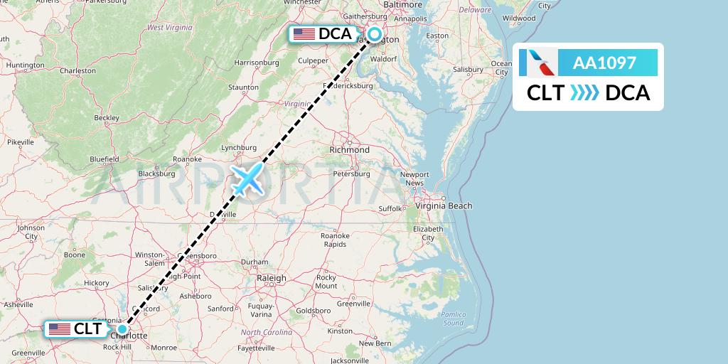 AA1097 American Airlines Flight Map: Charlotte to Washington