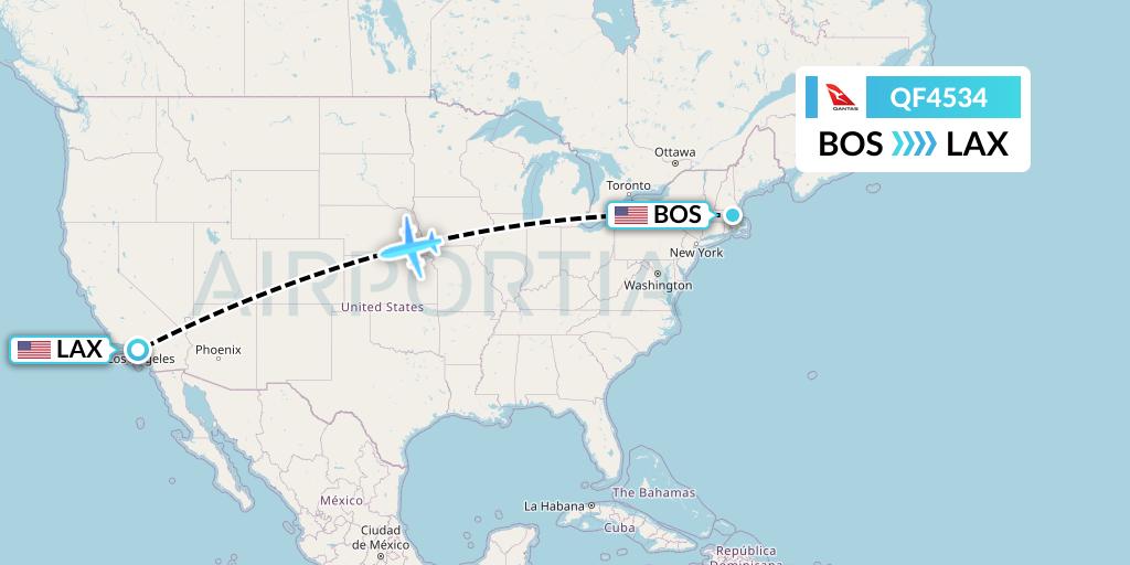 QF4534 Qantas Flight Map: Boston to Los Angeles