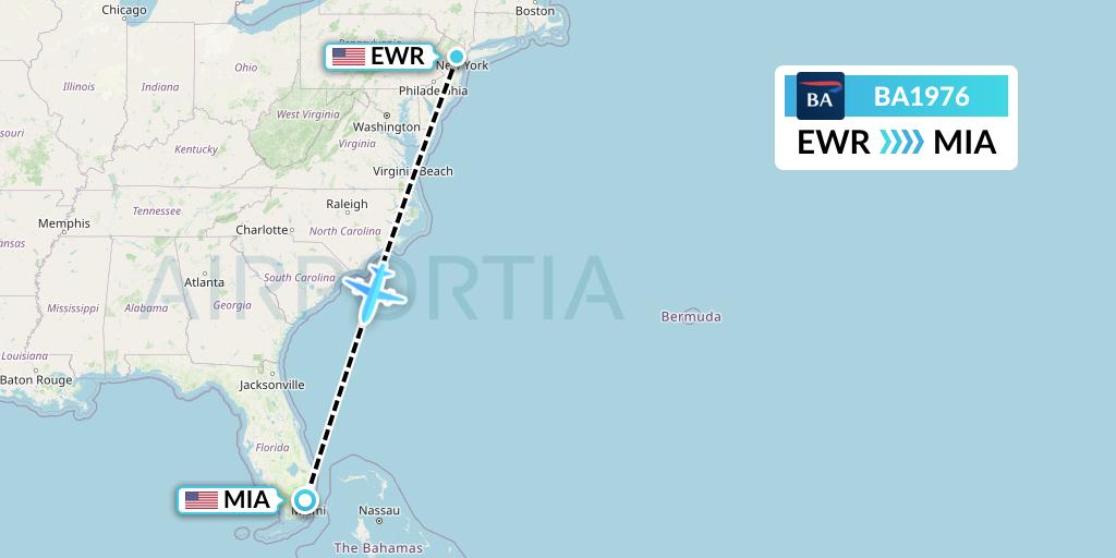 BA1976 British Airways Flight Map: New York to Miami