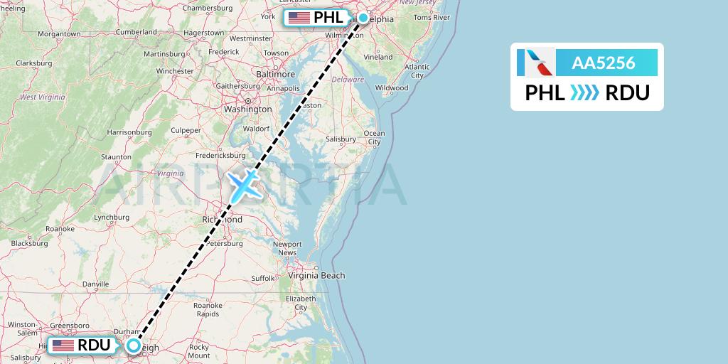 AA5256 American Airlines Flight Map: Philadelphia to Raleigh-Durham