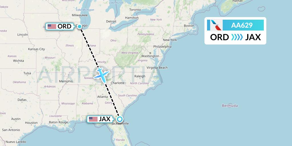 AA629 American Airlines Flight Map: Chicago to Jacksonville
