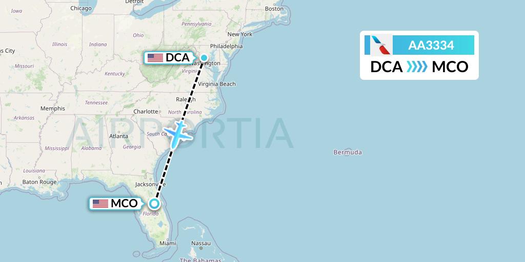AA3334 American Airlines Flight Map: Washington to Orlando