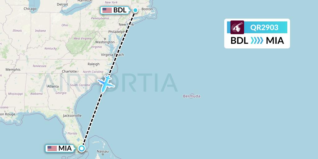 QR2903 Qatar Airways Flight Map: Windsor Locks to Miami