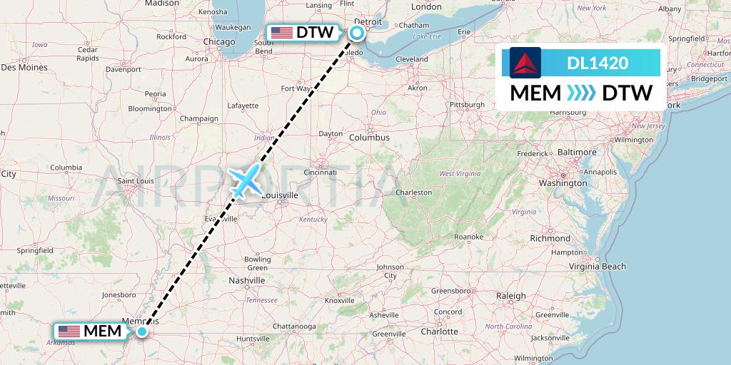 DL1420 Delta Air Lines Flight Map: Memphis to Detroit