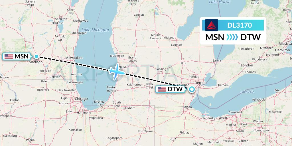 DL3170 Delta Air Lines Flight Map: Madison to Detroit
