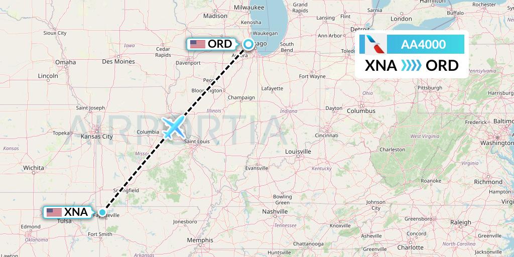 AA4000 American Airlines Flight Map: Bentonville to Chicago