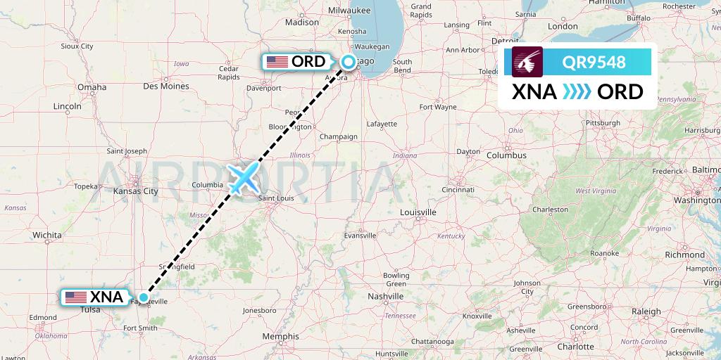 QR9548 Qatar Airways Flight Map: Bentonville to Chicago