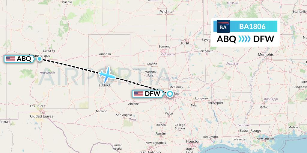 BA1806 British Airways Flight Map: Albuquerque to Dallas