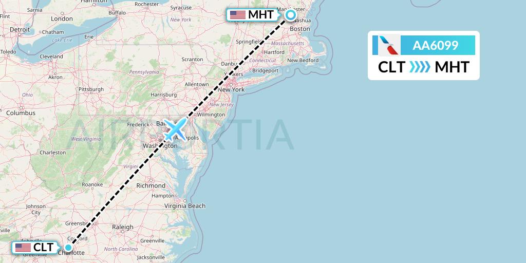 AA6099 American Airlines Flight Map: Charlotte to Manchester