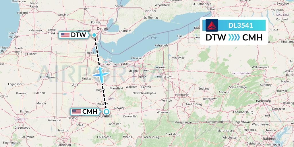 DL3541 Delta Air Lines Flight Map: Detroit to Columbus