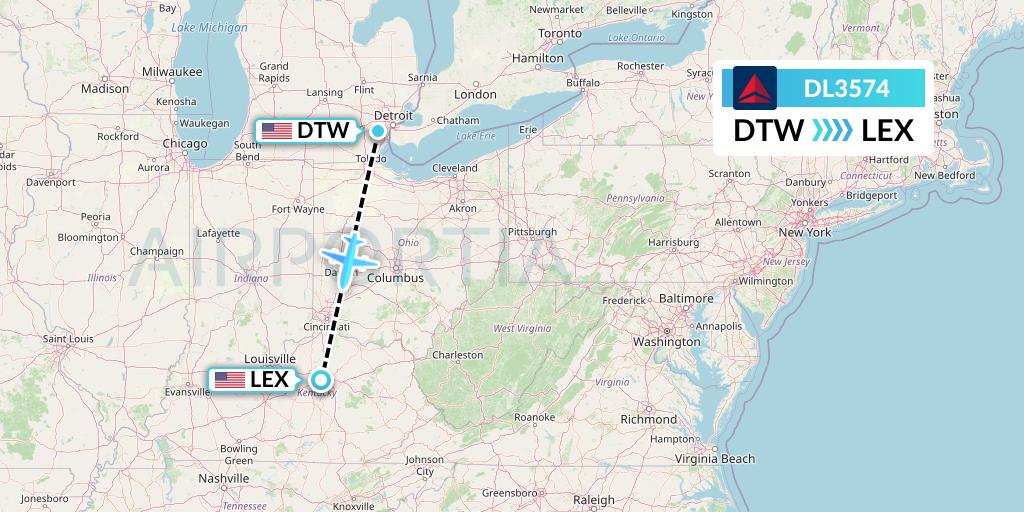 DL3574 Delta Air Lines Flight Map: Detroit to Lexington