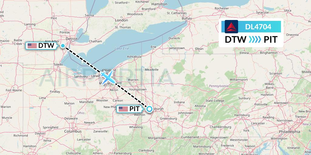 DL4704 Delta Air Lines Flight Map: Detroit to Pittsburgh